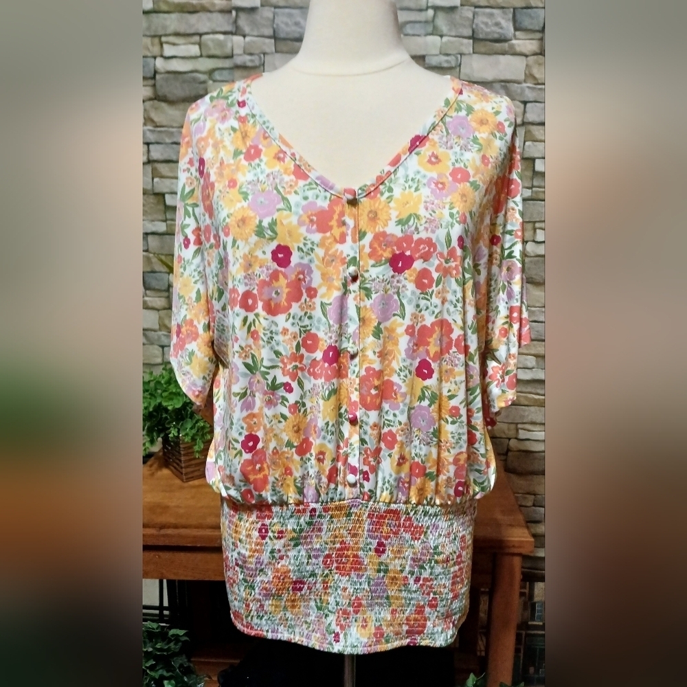 Robert Louis Colorful Floral‎ Relaxed Top Blouse Large